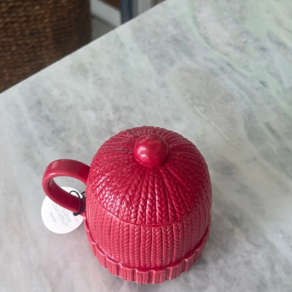 West Elm Red Knit-Patterned snow cap hot chocolate mug